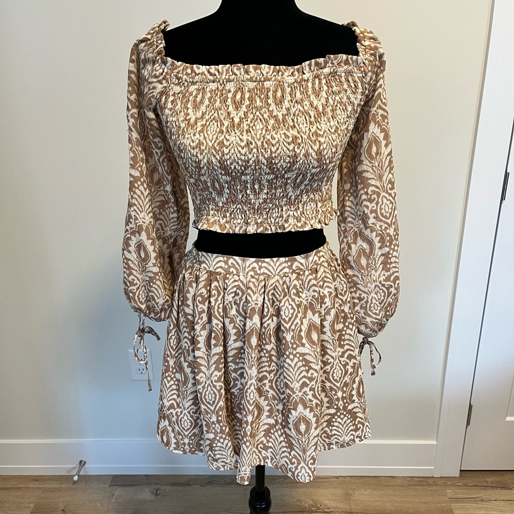 Dynamite Beige & White Tie-Dye Smocked Two-Piece Set